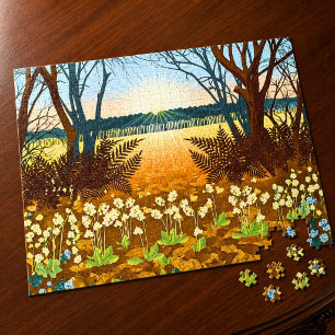 Puzzle Lever du soleil en forêt et fleurs sauvages