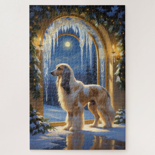 Puzzle Lévrier Afghan avec lumières de Noël vacances (Vertical)