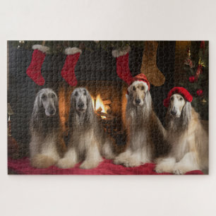Puzzle Lévrier Afghan près de la cheminée de Noël