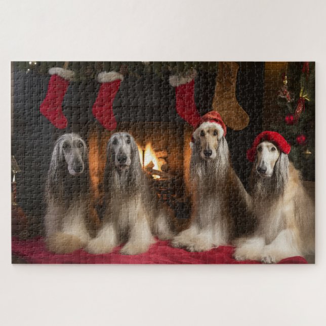 Puzzle Lévrier Afghan près de la cheminée de Noël (Horizontal)