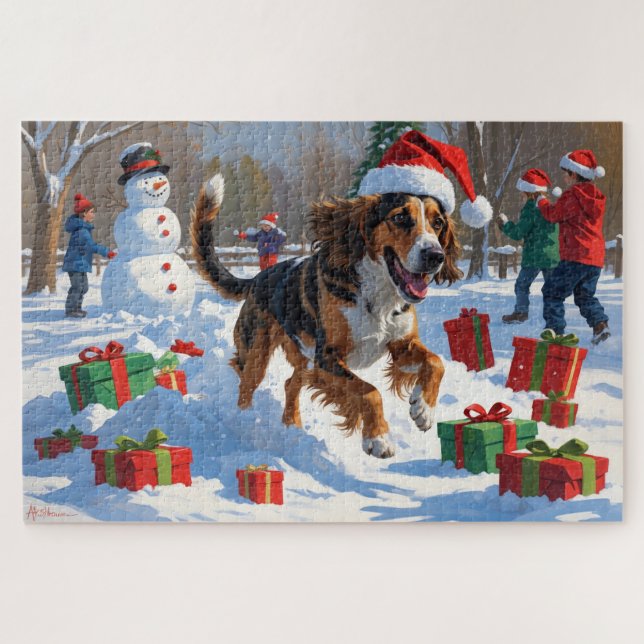 Puzzle Lévrier Afghan Scène de Noël Festive dans la Neige (Horizontal)
