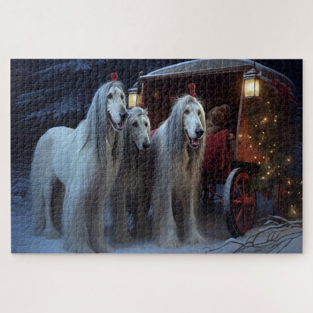 Puzzle Lévrier Afghan Ski sur Sleigh de Noël Décoration (Horizontal)