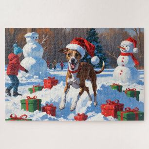 Puzzle Lévrier Greyhound courant dans la neige avec un ch