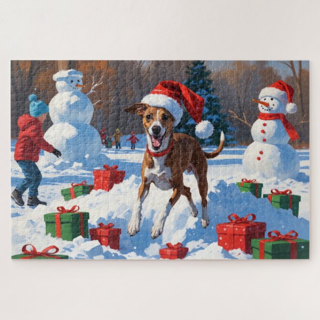 Puzzle Lévrier Greyhound courant dans la neige avec un ch (Horizontal)