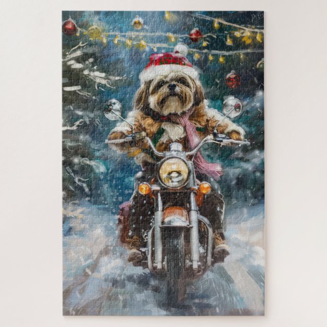 Puzzle Lhasa Apso Chien à moto Noël (Vertical)