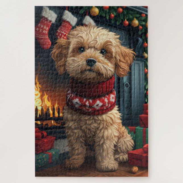 Puzzle Lhasa Apso Chien Avec Cheminée Cadeaux De Noël (Vertical)