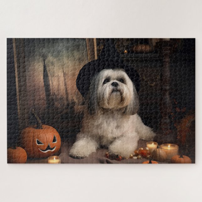 Puzzle Lhasa Apso Citrouilles Halloween Épouvantable (Horizontal)