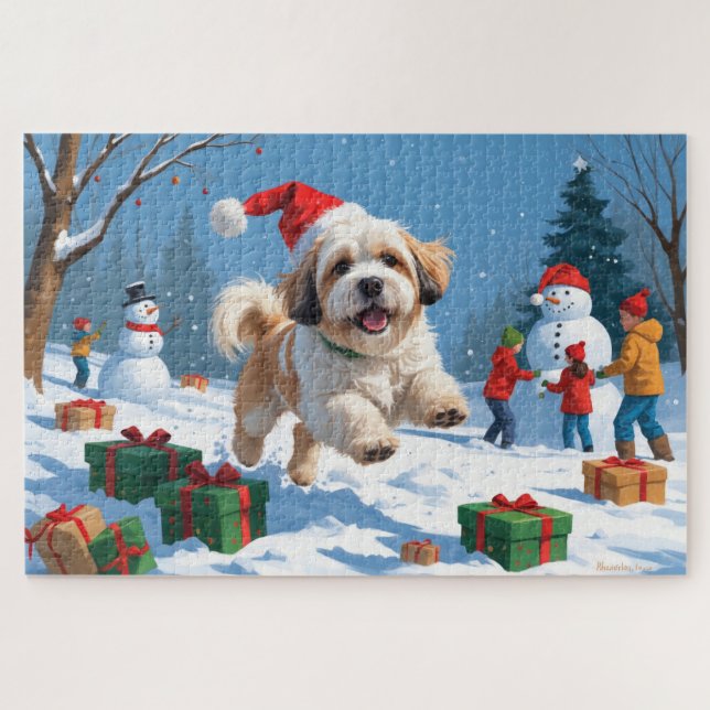 Puzzle Lhasa Apso courant dans la neige avec un chapeau d (Horizontal)