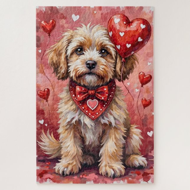 Puzzle Lhasa Apso Saint-Valentin Chien Assis avec des Cœu (Vertical)