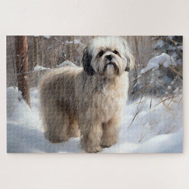 Puzzle Lhassa Apso Laisse Neige Noël (Horizontal)
