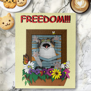 Puzzle Liberté Évasion Drôle Chat Jaune Floral Fenêtre