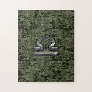 Puzzle Libra Zodiac Sign on Woodland Green digital camo