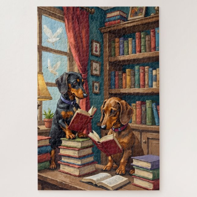 Puzzle Librairie drôle de Dachshund Lecture Amant du chie (Vertical)
