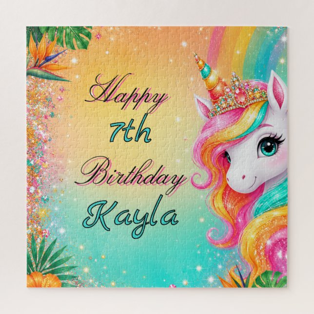 Puzzle Licorne Arc-en-Ciel Tropical Fleurs Anniversaire F (Vertical)