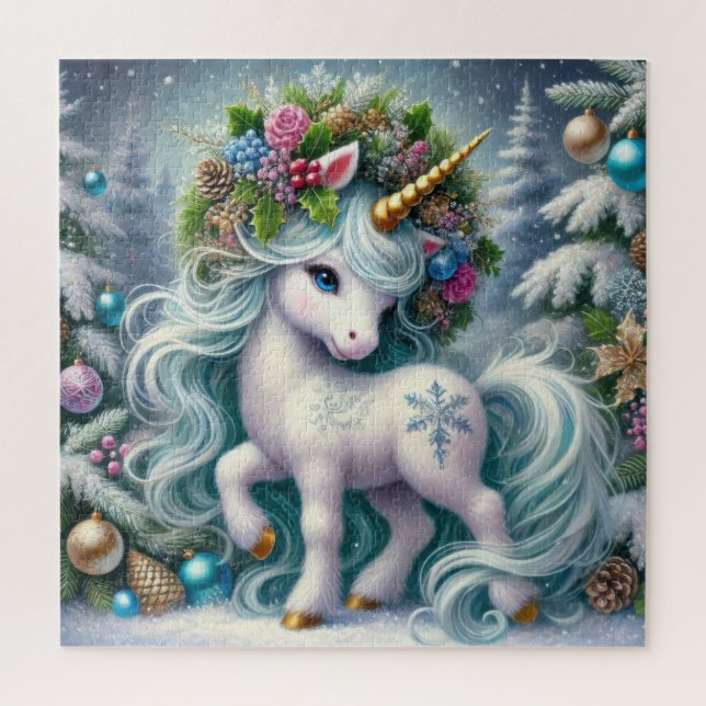 Puzzle licorne blanche de Noël avec corne d'or (Vertical)