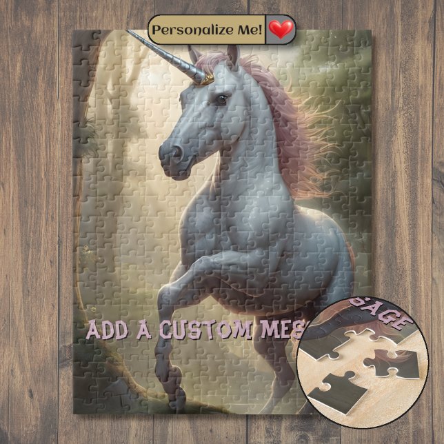 Puzzle Licorne blanche personnalisée en forêt (Personalized White Unicorn in Forest Jigsaw Puzzle)
