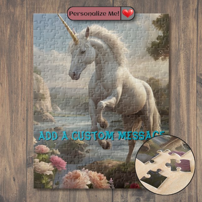 Puzzle Licorne Blanche Personnalisée Fleur Stream (Personalized White Unicorn Flower Stream Jigsaw Puzzle)