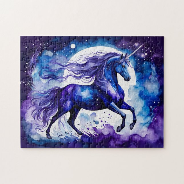 Puzzle Licorne bleue majestueuse aquarelle boho sous les  (Horizontal)