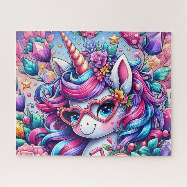Puzzle Licorne Mignonne Avec Lunettes en Forme de Coeur (Horizontal)
