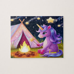 Puzzle Licorne Mignonne en Camping sous un Ciel Étoilé