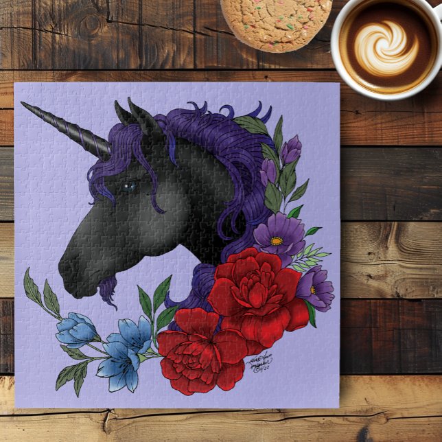 Puzzle Licorne noire fleurs de jardin de minuit violet (Créateur téléchargé)