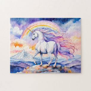 Puzzle Licorne sous des nuages arc-en-ciel pastel doux