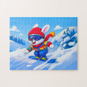 Puzzle Lièvre des neiges faisant du snowboard sur une mon