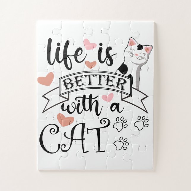 Puzzle Life is Better With a Cat quote slogan (Vertical)