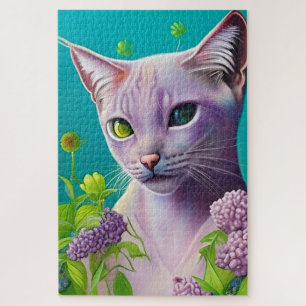 Puzzle Lilac Chat Siamese en fleurs Lilac sur Turquoise