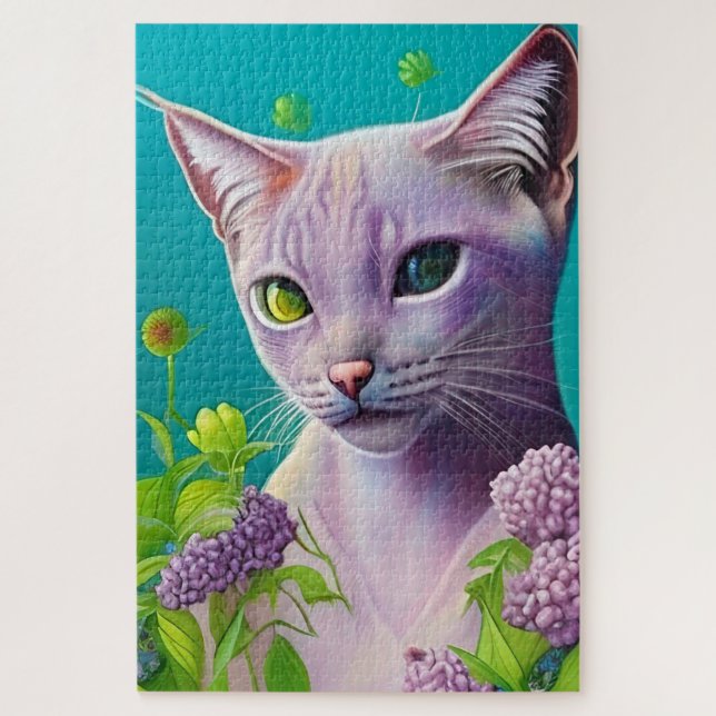 Puzzle Lilac Chat Siamese en fleurs Lilac sur Turquoise (Vertical)