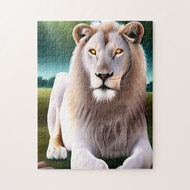 Puzzle Lion blanc majestueux aux yeux dorés Art éthéré (Vertical)