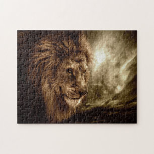 Puzzle Lion contre le ciel orageux
