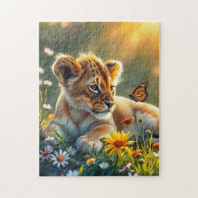 Puzzle Lion Cub au lever du soleil avec un papillon (Vertical)