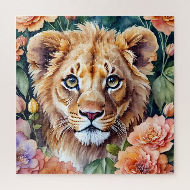 Puzzle Lion Cub Floral Aquarelle Portrait Art (Vertical)