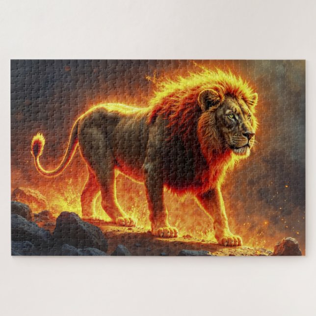 Puzzle Lion de flammes brûlant volcan feu imaginaire art (Horizontal)