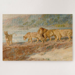 Puzzle Lion et lionnes sur la rive d'une rivière africain