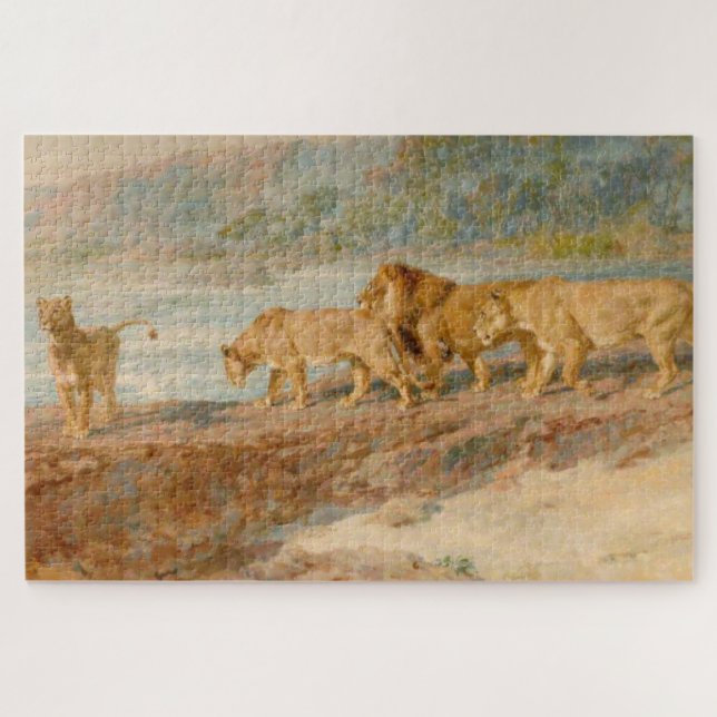 Puzzle Lion et lionnes sur la rive d'une rivière africain (Horizontal)