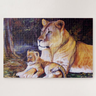 Puzzle Lion/lionne et petit/chaton à l'ombre