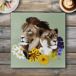 Puzzle Lion Lionne Floral Vert