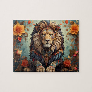 Puzzle Lion majestueux parmi les fleurs