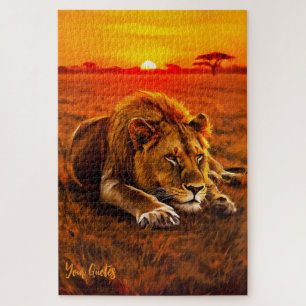 Puzzle Lion mâle au repos sur la savane dorée