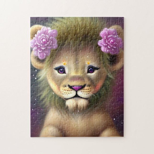 Puzzle Lion mignon bébé avec fleurs roses Graphique (Vertical)