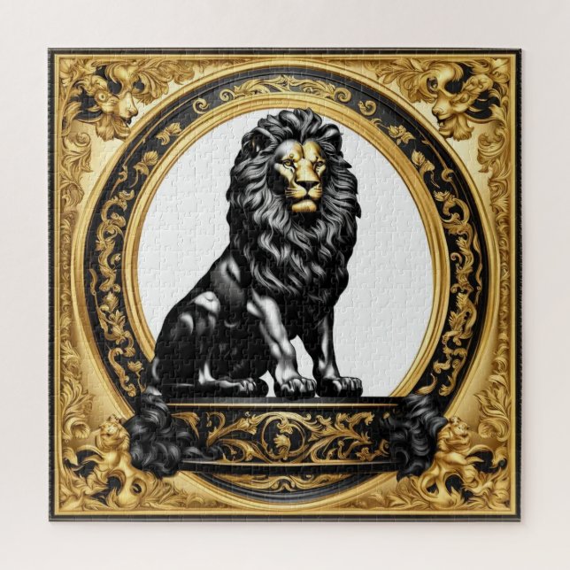 Puzzle Lion or et cadre ornemental noir (Vertical)