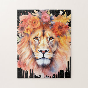 Puzzle Lion Pastel Fleurs Safari Aquarelle Savannah Chat