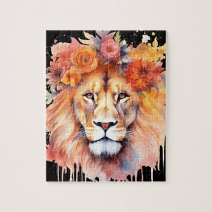 Puzzle Lion Pastel Fleurs Safari Aquarelle Savannah Chat