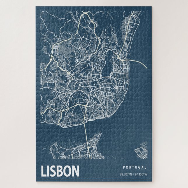 Puzzle Lisbonne Portugal Ville Plan Ligne Art Bleu Imprim (Vertical)