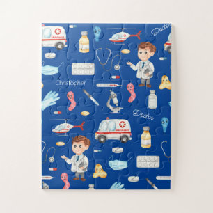 Puzzle Little Boy Doctor Motif Médicale avec nom, bleu