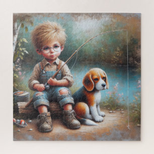 Puzzle Little Boy Fishing avec un Beagle