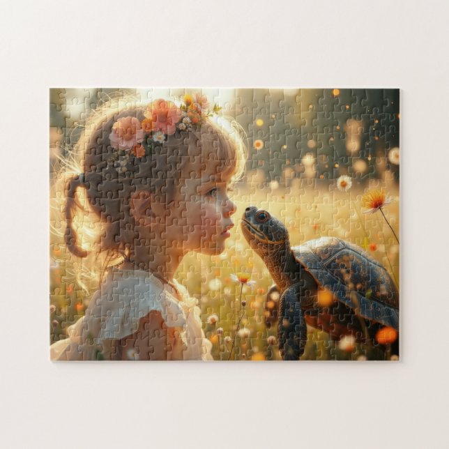 Puzzle Little girl and the turtle in the wildflowers (Horizontal)