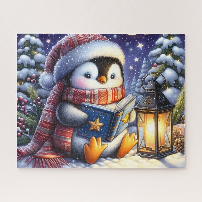 Puzzle Livre de Noël de lecture de pingouin (Horizontal)